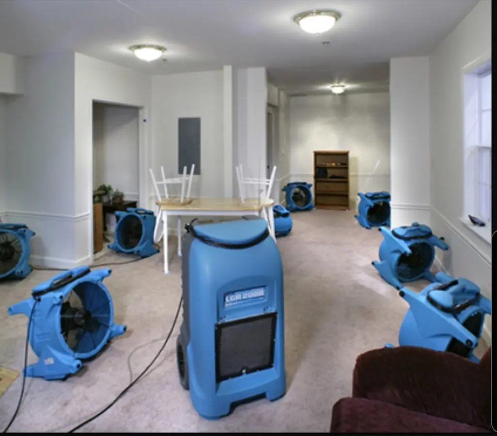 Air movers and dehumidifier setup for Water Extraction & Removal in Rockton